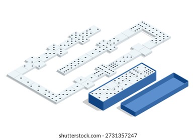 Isometrisches Domino-Set mit Kacheln und Box. Klassisches Tischspielkonzept einzeln auf weißem Hintergrund.