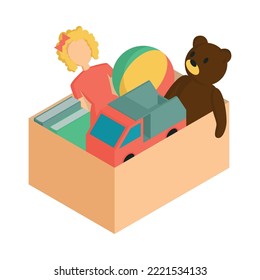 Isometric donation concept icon with toys and books in box 3d vector illustration