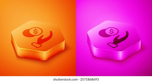 Isometric Donation hand with money icon isolated on orange and pink background. Hand give money as donation symbol. Donate money and charity concept. Hexagon button. Vector