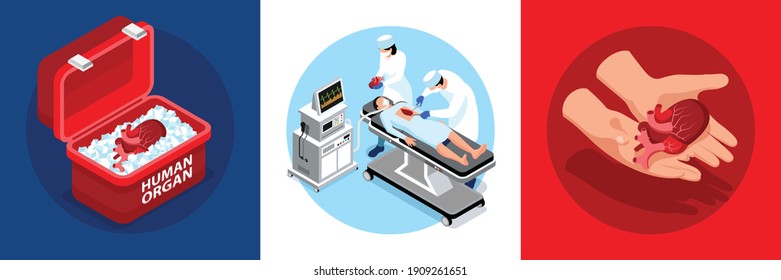 Isometric donor human organs design concept with round compositions of human heart in container with surgery vector illustration