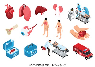 Isometric donor human organs set with isolated icons of anatomic organs storage containers and human characters vector illustration
