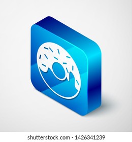 Isometric Donut with sweet glaze icon isolated on white background. Blue square button. Vector Illustration