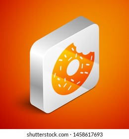 Isometric Donut with sweet glaze icon isolated on orange background. Silver square button. Vector Illustration