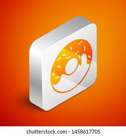 Isometric Donut with sweet glaze icon isolated on orange background. Silver square button. Vector Illustration