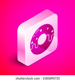 Isometric Donut with sweet glaze icon isolated on pink background. Silver square button. Vector Illustration