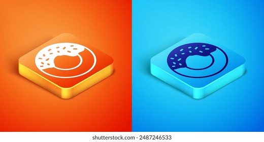 Isometrischer Donut mit süßer Glasur-Ikone auf orangefarbenem und blauem Hintergrund.  Vektorgrafik