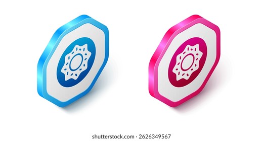 Isometric Donut with sweet glaze icon isolated on white background. Hexagon button. Vector