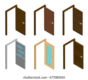 Isometric door. Collection of isometric open doors with handle. Flat 3d modern, house or office, wooden, white doors. House entrance architecture elements flat icon set isolated vector illustration