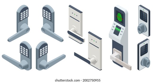 Isometric Door electronic access control system machine. Biometric access control machine, Electronic security door lock icon with keypad and fingerprint reader. svg