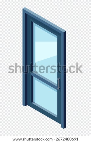 Isometric door. Isometric front door. Glass closed door. Interior elements. Furniture elements. Isometric furniture