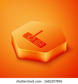 Isometric Door handle icon isolated on orange background. Door lock sign. Orange hexagon button. Vector Illustration