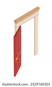 Isometric door open. Red doorway with doorknob. Facade and exterior, exit. Graphic element for website. Inside living room. Volumetric vector illustration isolated on white background