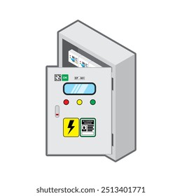 Isometric door opened electrical panel box vector illustration.