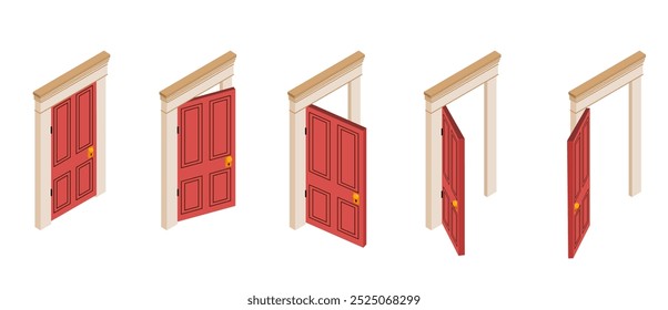 Isometric door opening set. Entrance to home, house por office. Facade and exterior. Pack of doorways with red wooden door. Volumetric vector collection isolated on white background