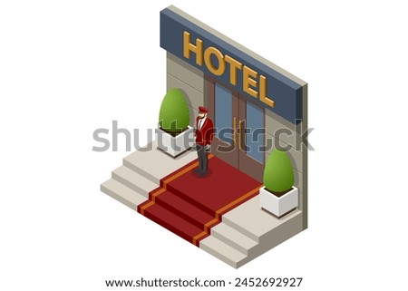 Isometric doorman standing in front of hotel entrance doors. Online hotel booking concept. People booking hotel and search reservation for holiday. Smartphone maps gps location