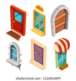 Isometric doors and windows. Vector architecture entrance, modern window and doorway illustration