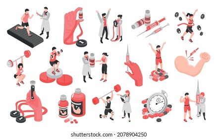 Isometric Doping In Sports 3d Set With Types Of Anabolic Steroids And Human Characters Of Athletes Isolated Vector Illustration