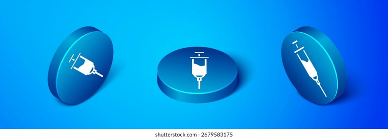 Icono de jeringa de dopaje isométrico aislado sobre fondo azul. Botón de círculo azul. Vector