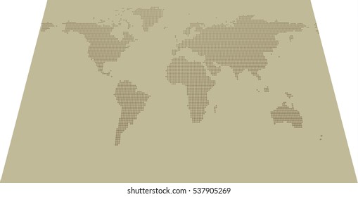 Isometric dotted map on khaki background with resolution 2000x1000 dots and all major earth continents - Eurasia, North and South America, Africa, Australia.