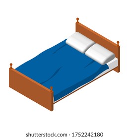 Isometric Double Bed. Brown wooden bed, white mattress and pillow. Blue blanket. Bedroom furniture. Vector EPS10.