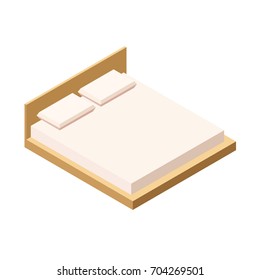 Isometric double bed with mattress and a high back. Vector illustration on a white background. Two pillows on a double bed.