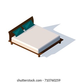 Isometric double bed with mattress and a high back. Vector illustration on a white background. Two pillows on a double bed.