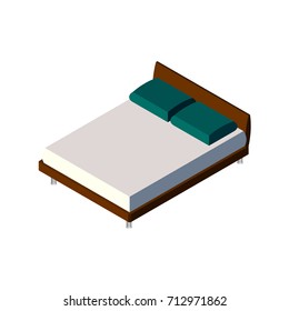 Isometric double bed with mattress and a high back. Vector illustration on a white background. Two pillows on a double bed.