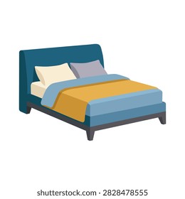 Isometric double bed vector illustration with blue headboard, pillows, and bedding for bedroom interior and furniture concepts