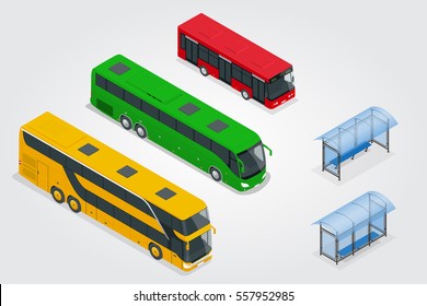Isometric Double Decker Bus, City public bus and bus stop with blank surface for your creative design. Road vehicle designed to carry many passengers.