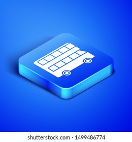 Isometric Double decker bus icon isolated on blue background. London classic passenger bus. Public transportation symbol. Blue square button. Vector Illustration