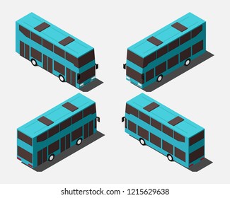 Isometric double decker buses in four different positions vector illustration.