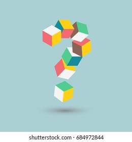 Dúvidas isométricas, quebra-cabeça difícil, forma de cubos ponto de interrogação, ilustração vetorial