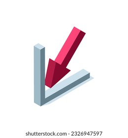 isometric down arrow icon in red color on white background, financial drop and negative business progress