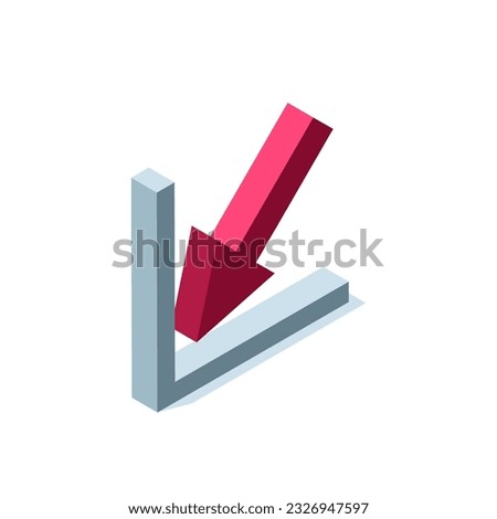 isometric down arrow icon in red color on white background, financial drop and negative business progress