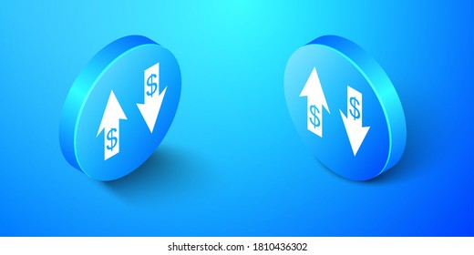 Isometrische Auf- und Abwärtspfeile mit Symbol für Dollar einzeln auf blauem Hintergrund. Geschäftskonzept. Blauer Kreis-Knopf. Vektorgrafik.