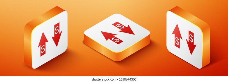 Isometric Up and Down arrows with dollar symbol icon isolated on orange background. Business concept. Orange square button. Vector.