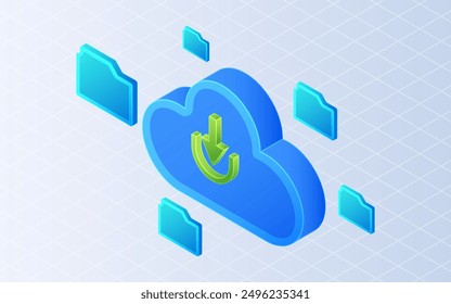 Isometric download data to cloud. Data services on white background