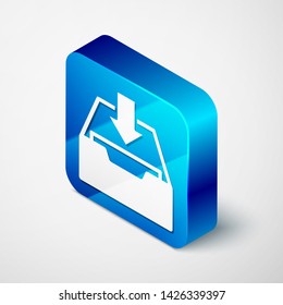 Isometric Download inbox icon isolated on white background. Add to archive. Blue square button. Vector Illustration