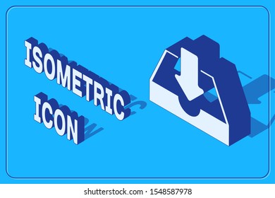 Isometric Download inbox icon isolated on blue background.  Vector Illustration