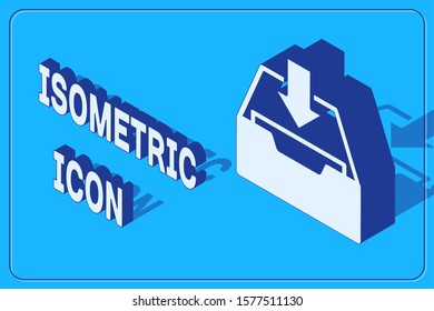 Isometric Download inbox icon isolated on blue background. Add to archive.  Vector Illustration