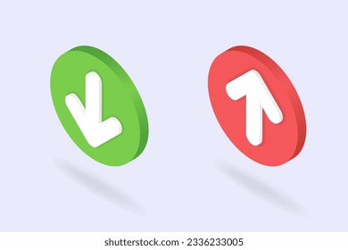 Isometric download and upload buttons set. 3d file loading icon presented at left angle. Up and down arrows as file uploading, data transfer symbol. Vector illustration isolated on white background