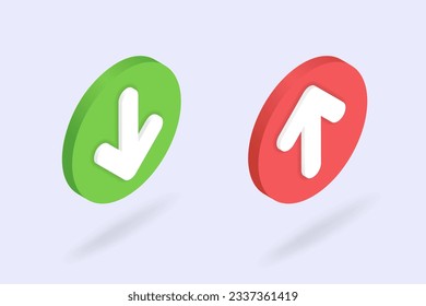 Isometric download and upload buttons set. 3d file loading icon presented at right angle. Up and down arrows as file uploading, data transfer symbol. Vector illustration isolated on white background