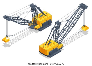 Isometric dragline excavators. A dragline excavator, heavy equipment used in civil engineering and surface mining. Heavy equipment vehicle. Equipment for high-mining industry. Mining clay in quarry.