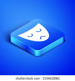 Isometric Drama theatrical mask icon isolated on blue background. Blue square button. Vector Illustration