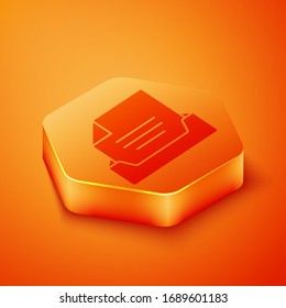 Dibujo isométrico con icono de documento aislado en fondo naranja. Cajón de documentos de archivo. Cajón archivador de archivo. Mobiliario de oficina. Botón hexágono naranja. Ilustración vectorial