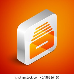 Isometric Drawer with documents icon isolated on orange background. Archive papers drawer. File Cabinet Drawer. Office furniture. Silver square button. Vector Illustration