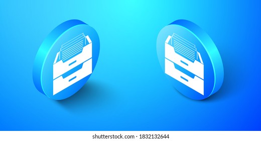 Cajón isométrico con el icono de documentos aislados en el fondo azul. Cajón de documentos de archivo. Cajón de archivadores. Mobiliario de oficina. Botón de círculo azul. Vector.