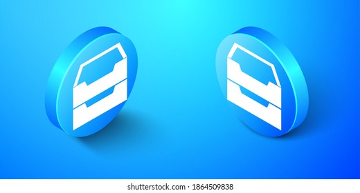 Isometric Drawer with documents icon isolated on blue background. Archive papers drawer. File Cabinet Drawer. Office furniture. Blue circle button. Vector.