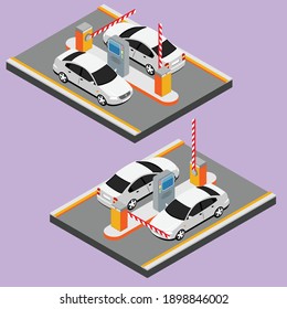 Isometric Drawing of Car Parking Gate, Sample of Open and Close Condition with Two Point of View and Mirror Sample (Left or Right Driver Side), Lilac Background, can be used as Icon, Logo or Avatar