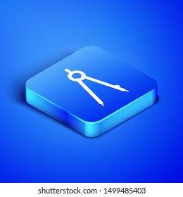 Isometric Drawing compass icon isolated on blue background. Compasses sign. Drawing and educational tools. Geometric instrument. Blue square button. Vector Illustration